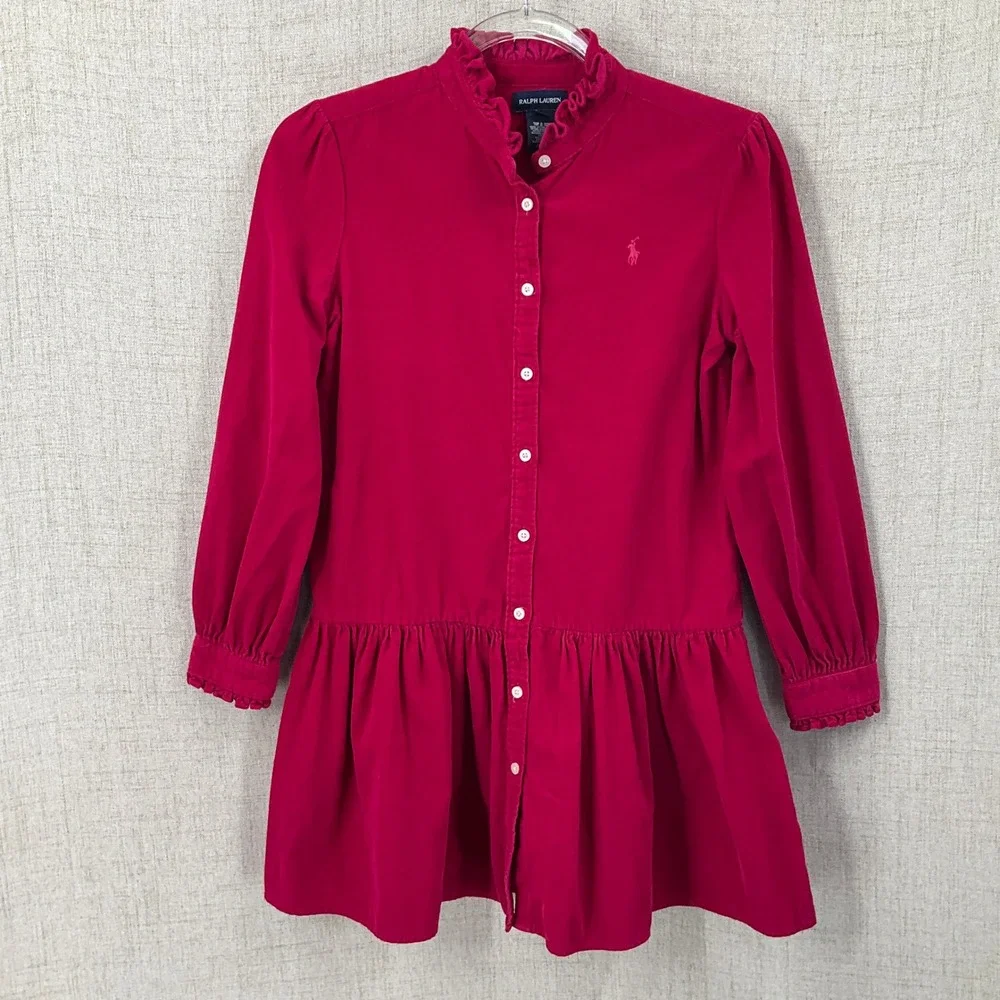 Ralph Lauren Corduroy Dress Kids 12 Pink Ruffle Drop Waist Preppy Dark Academia